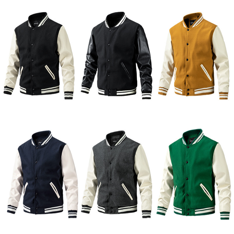 Cross-border jacket men's autumn and winter fashion American baseball uniform men's woolen pu sleeve men's coat casual foreign trade men's clothing
