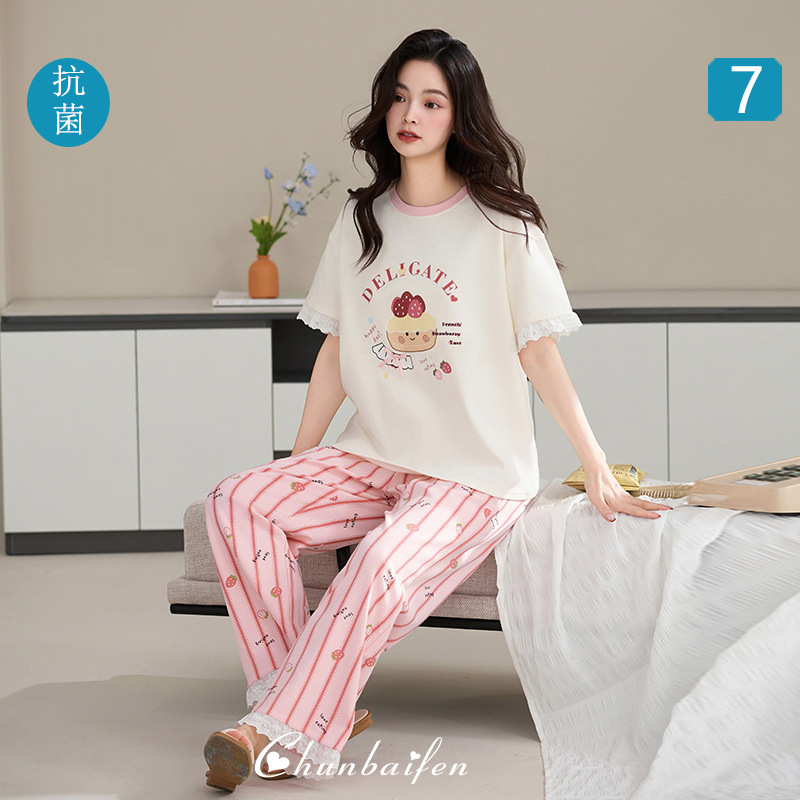 7A 항균 순면 잠옷 여성 여름 반팔 바지 여름 얇은 플러스 사이즈 순면 만화 홈 의류 세트
