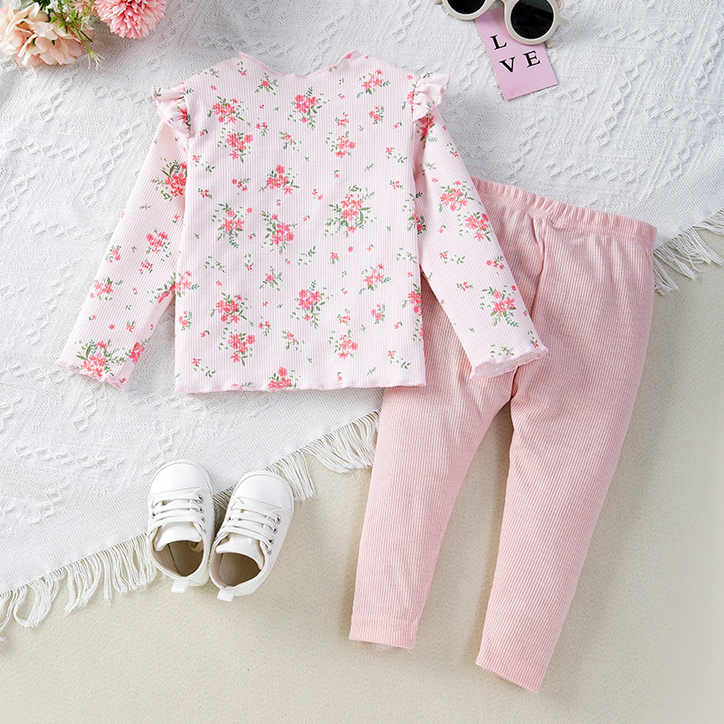 Spring and Autumn New Baby Bottom Shirt and Pants Set, cute floral long sleeved T-shirt and pants for girls, 2-piece trendy set