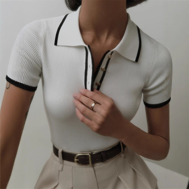 Cross-border source Amazon European and American women's new summer ice silk sweater French polo collar short sleeve top Cross-border source Amazon European and American women's new summer ice silk sweater French polo collar short sleeve top