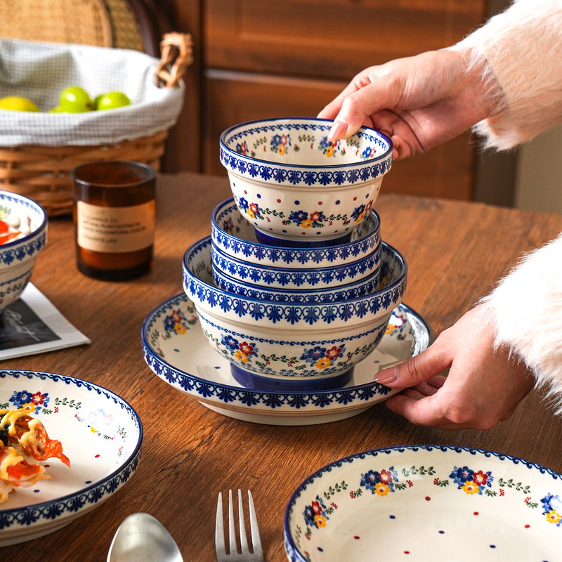Bohemian Style Ceramic Tableware Set for Home Use, Including Bowls and Plates with Glaze, Rice Bowls, and Serving Plates Bohemian Style Ceramic Tableware Set for Home Use, Including Bowls and Plates with Glaze, Rice Bowls, and Serving Plates