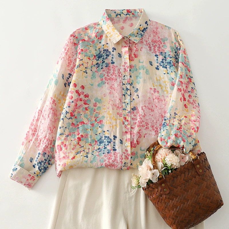 Реальный выстрел из макаронного цвета Рами Цветочная рубашка ниша, свободная тонкая рубашка с принтом женская топ