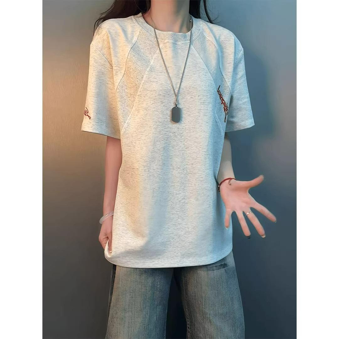 American-style diagonal cut patchwork round-neck 3D embroidered versatile short-sleeve T-shirt for men, summer fashion trendy sports top