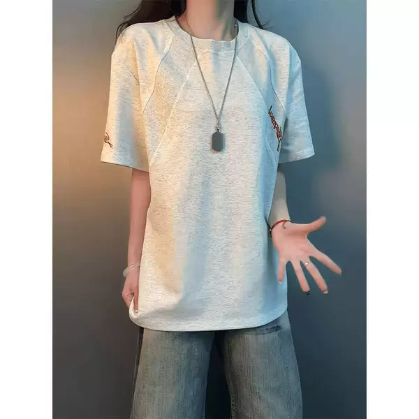 American-style diagonal cut patchwork round-neck 3D embroidered versatile short-sleeve T-shirt for men, summer fashion trendy sports top