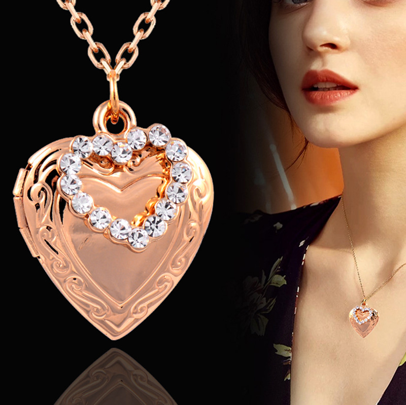 Fashion Heart Shape Titanium Steel Gold Plated Rhinestones Necklace