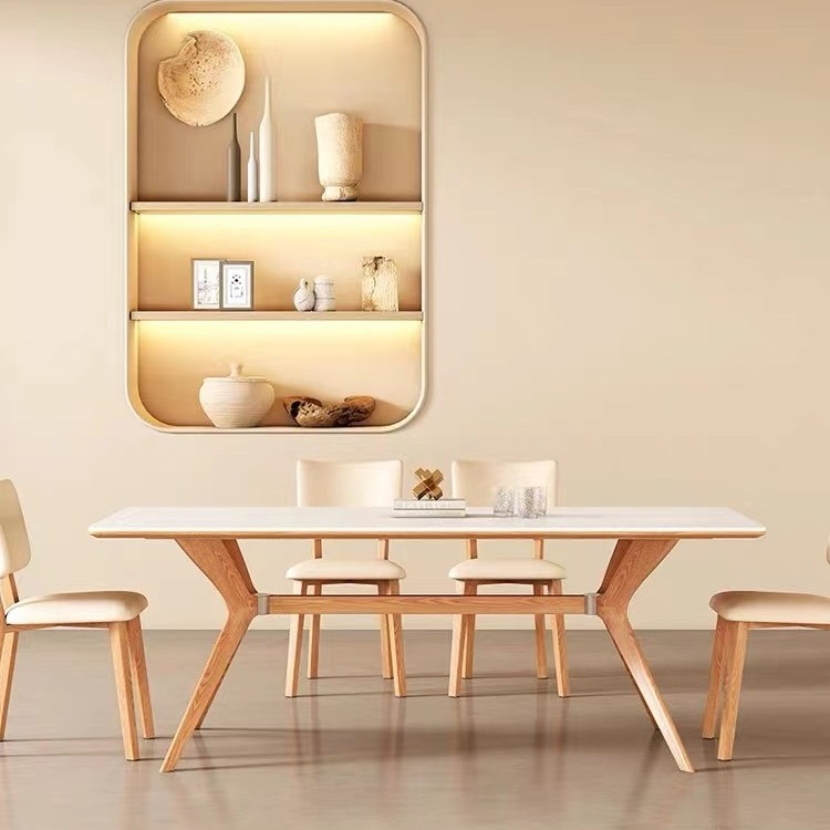 Estilo crema Placa de roca de madera maciza mesa de comedor rectangular hogar pequeño apartamento moderno minimalista nórdico brillante mesa de comedor y silla combinación