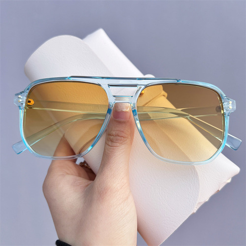 Stylish Trendy New Double-Bridge Gradient Color Eyeglass Frame for Men and Women, Unisex Sun Glasses for Large Faces, Slimming Sunglasses