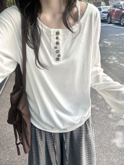 白色雪花棉长袖T恤女早秋韩版宽松打底衫内搭可外穿纽扣上衣体恤