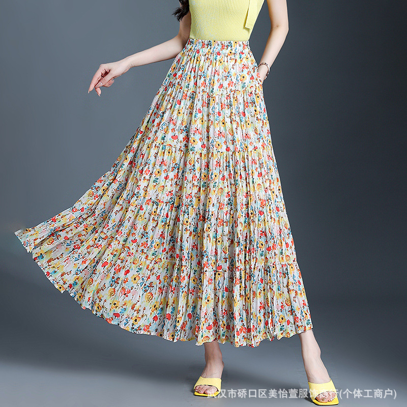 Pleated Casual Floral Large Swing Skirt 2025 Summer New Style Staggered Waist Drape Slim-Fit A- Line Skirt Western Style Skirt Pleated Casual Floral Large Swing Skirt 2025 Summer New Style Staggered Waist Drape Slim-Fit A- Line Skirt Western Style Skirt