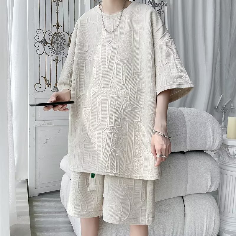 Waffle pesado traje de camiseta de cinco puntos para hombres ins Hong Kong estilo verano casual moda suelta pantalones de cinco puntos traje deportivo