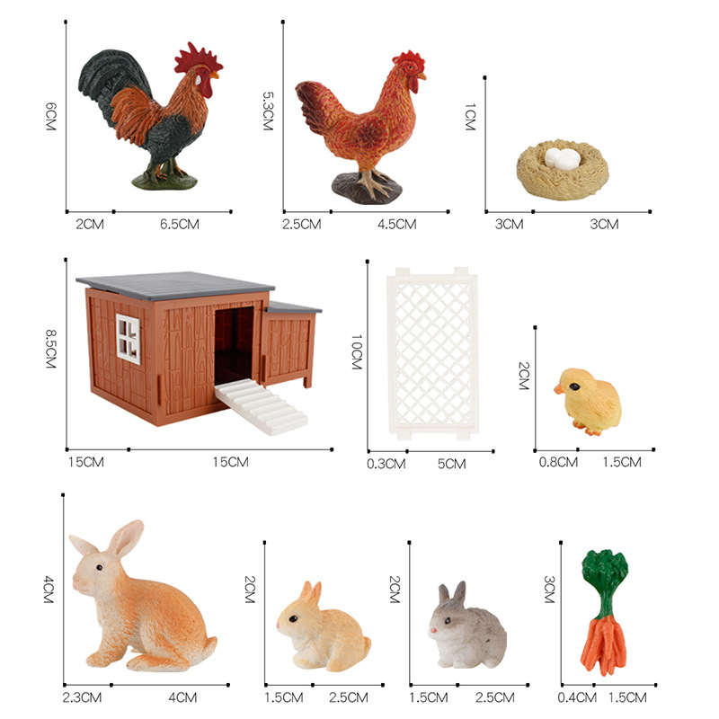 Simulación de granja rancho escena modelo juguete traje pequeño tamaño conejo gallo gallina con valla pollo casa