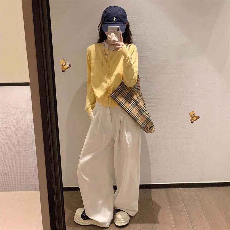 2025 Autumn New Short Lazy Slimming Sweater Cardigan for Petite Women in Cream Yellow Two-Piece Knit Cardigan