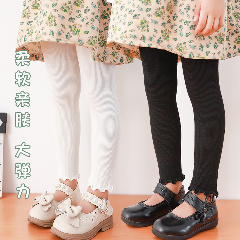 Children's thin fleece leggings, girls' nine-point ruffled pantyhose, Korean style, solid color, versatile autumn and winter leggings.