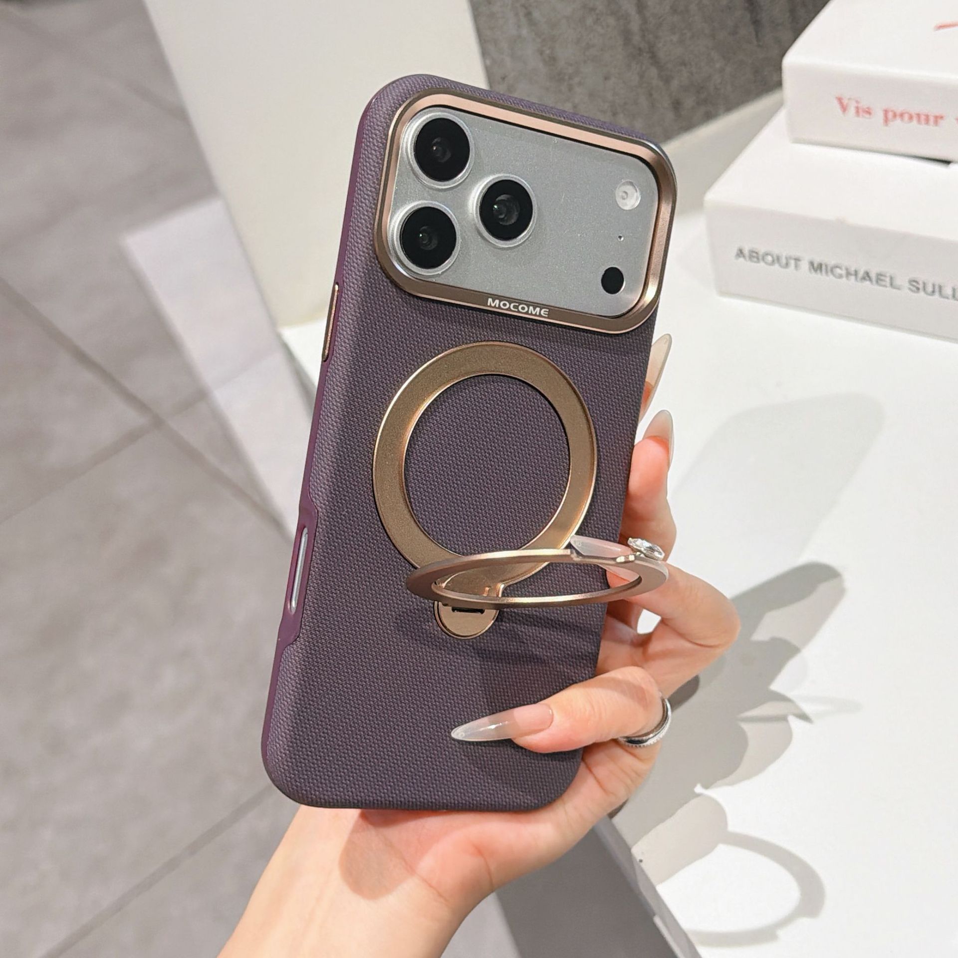 Ốp lưng da iPhone 16/17 Pro Max có vòng xoay 360 độ, nam châm hút, chống sốc viền dày — Đen, Nâu, Tím, Xanh dương chi tiết 13