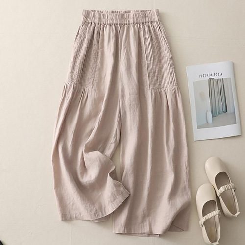 Retro pleated cotton linen wide-leg pants skirt - Spring and Summer 2024 New Bohemian Minimalist Solid Color High-Waist Straight Leg Pants for Women