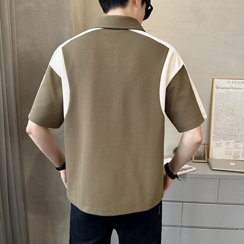 Trendige Kurzarm-Poloshirts im Patchwork-Stil für Herren – vielseitig, locker geschnitten, aus schwerem, atmungsaktivem Baumwollmischgewebe_voghion.com