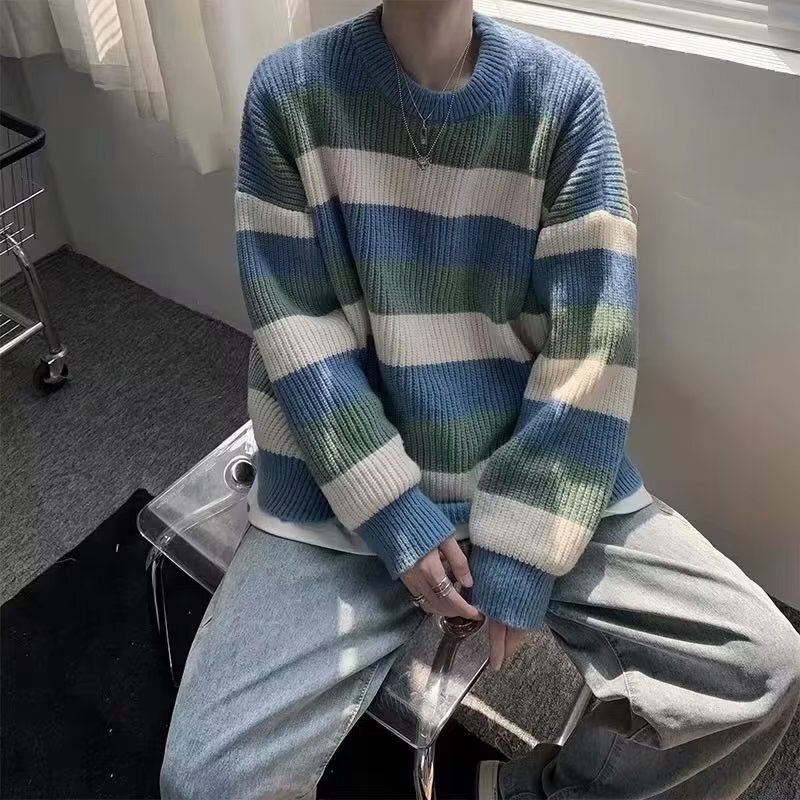 Sweater Autumn Japanese Style Color-Block Striped Crew Neck Knit Sweater Retro Base Shirt Loose Lazy Style Men's Sweater