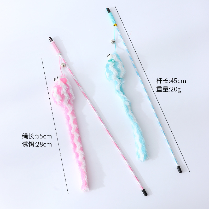 En stock al por mayor varilla elástica campana cebo gato juguete caramelo color felpa cola larga ratón rayas divertido gato palo