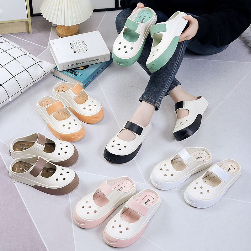 2024 New Mary Jane Summer Fashionable Outer Wear Beach Sandals Women's Shoes Hollow Platform Hole Shoes Half Slippers Sandals
