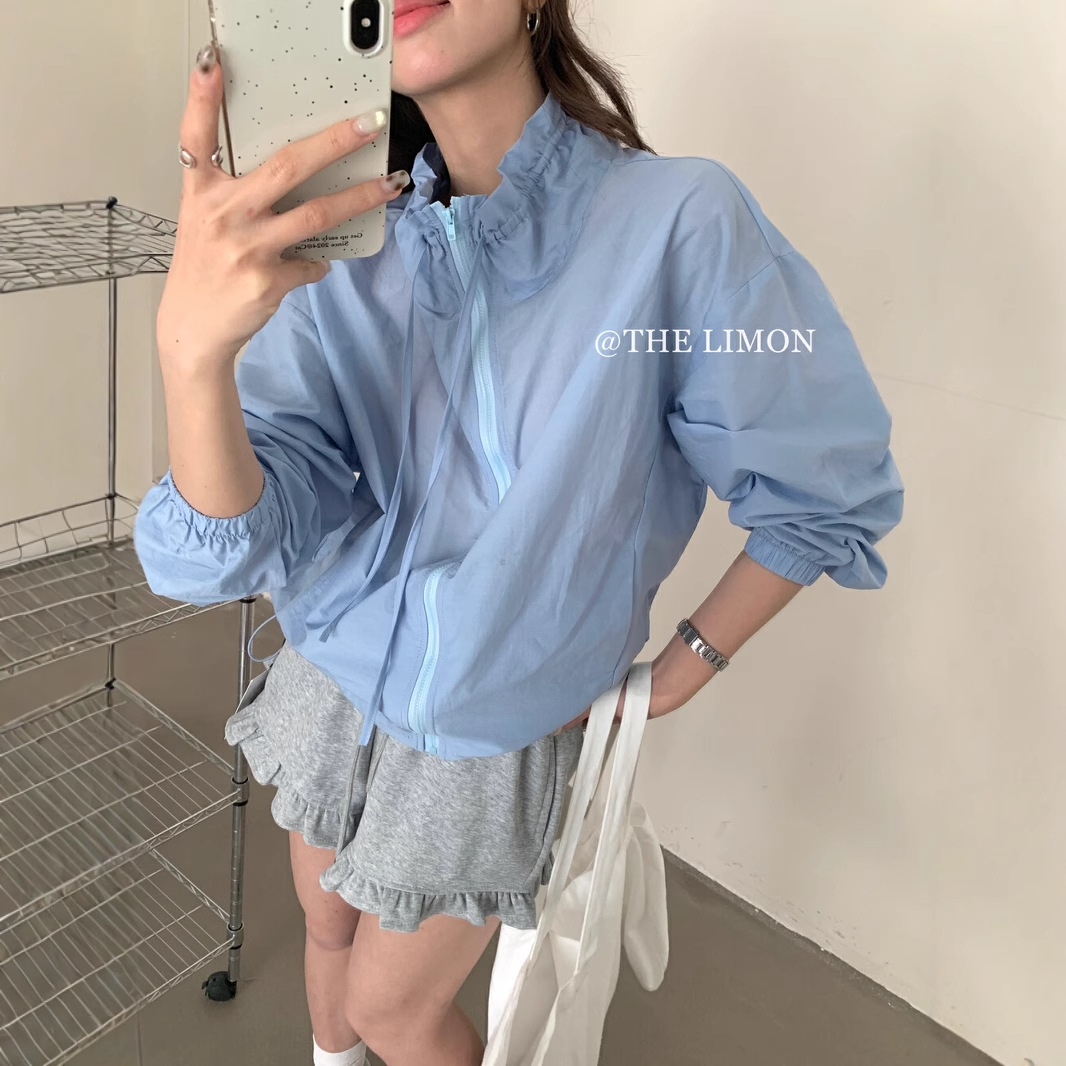 Liquidación: Chaqueta corta con cremallera y cuello alto con diseño de cordón estilo coreano, color verde limón y té de limón, para mujer, camisa adelgazante con protección solar para el verano.