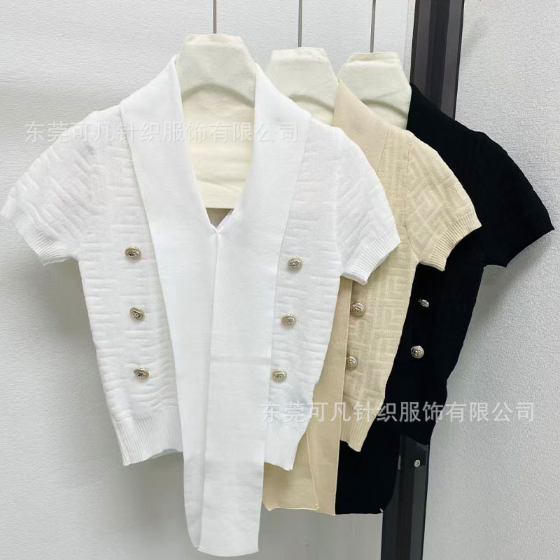 Balmain French-Style Gold Button Lace-Up White Knit Top for Women, New Summer Model with a High-End Elegant Short-Sleeve Design Balmain French-Style Gold Button Lace-Up White Knit Top for Women, New Summer Model with a High-End Elegant Short-Sleeve Design