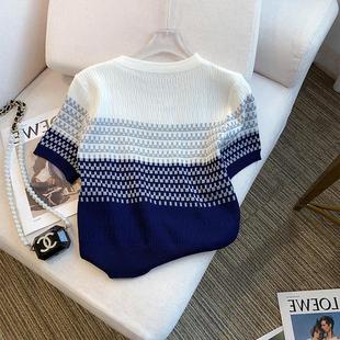 Western-style knitted slimming elegant top trendy summer 2024 new retro gradient striped ice silk short-sleeved T-shirt