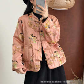 南油国风人丝缎棉服小唐人印花开衫2025冬季文艺气质夹棉外套冬