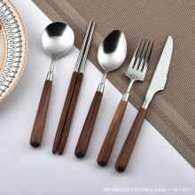 304不锈钢胡桃木柄西餐具家用酒店餐厅哑光刀叉勺圆勺套装西式