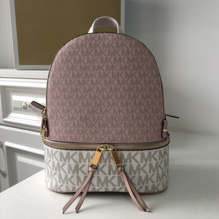 Autumn and Winter New Rhea Zip Women's Bag Mk Double Shoulder Solid Color Backpack Double Zipper Large Capacity Old Flower Color-matching Schoolbag