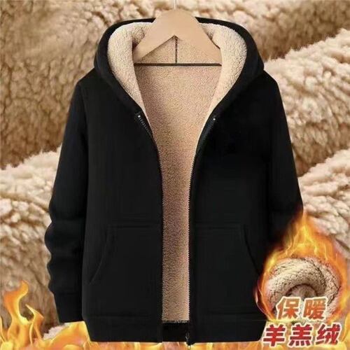 Lambskin Fleece Sweatshirt Men Padded Black Jacket Men Winter Padded Large Size Loose Zip Hooded Sweatshirt
