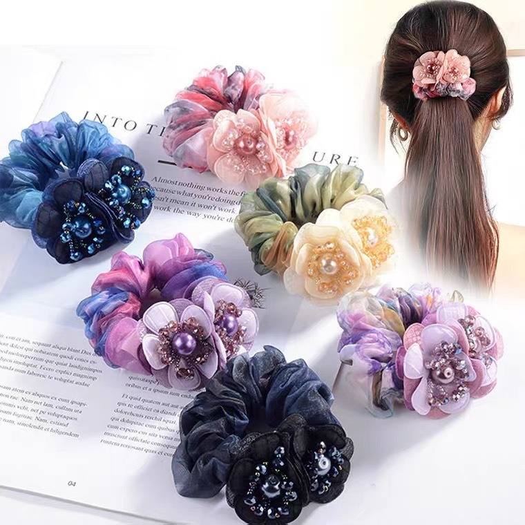 Han edition tied rope headdress flower wholesale organza hair bands female adult hair rope tied balls hair accessories