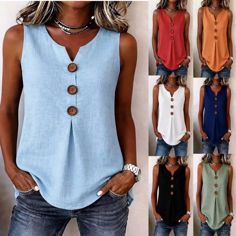 2026 European and American cross-border new Amazon women's fashion casual V-neck twist button sleeveless tank top loose T-shirt top 2026 European and American cross-border new Amazon women's fashion casual V-neck twist button sleeveless tank top loose T-shirt top
