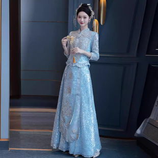 Xiuhe Dress 2023 New Bride Blue Chinese Wedding Dress Wedding Dress Wedding Dress Slimming High-end Toast Dress Summer
