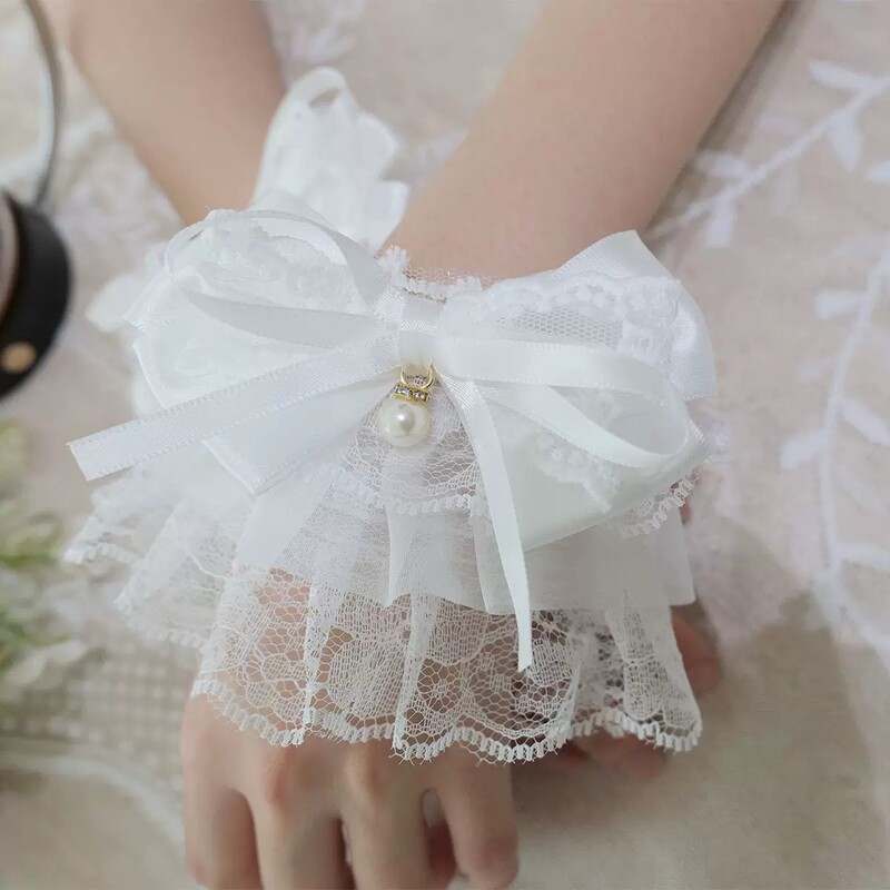 Lolita Lace Pearl Bow Sleeve Cuffs Sweet Girl Jk Wristband Cosplay Cuffs Lolita Lace Pearl Bow Sleeve Cuffs Sweet Girl Jk Wristband Cosplay Cuffs