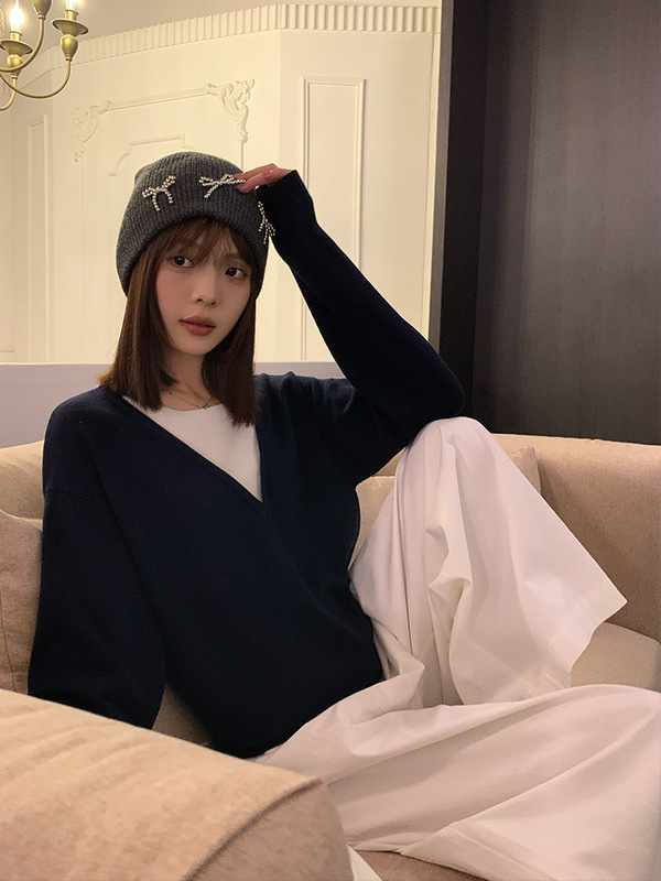 睛雅~藏蓝假两件针织衫女秋季新款宽松高级慵懒韩系毛衣长袖上衣|undefined