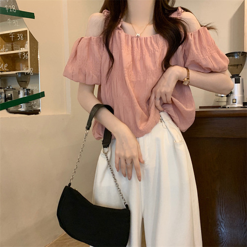 Women's Summer French Shoulder Strap Blouse with Design Sense, Unconventional Loose Fit, Slimming Short Sleeve Top with Bubbles