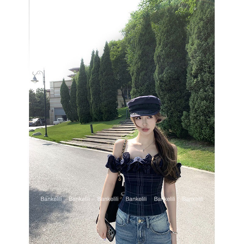 2025时尚新款辣妹风一字肩格子T恤女夏季新款修身显瘦别致上衣|undefined