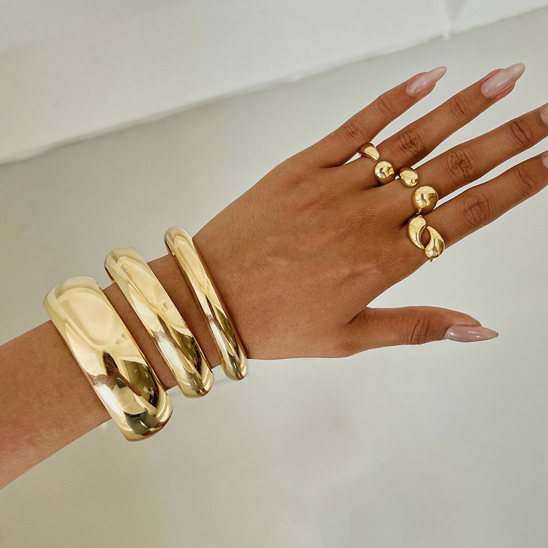 European and American Cross-Border Fashion Metal Glossy Plain Ring Bracelet Set Bracelet Stylish Simple Geometric Wide Bracelet for Women