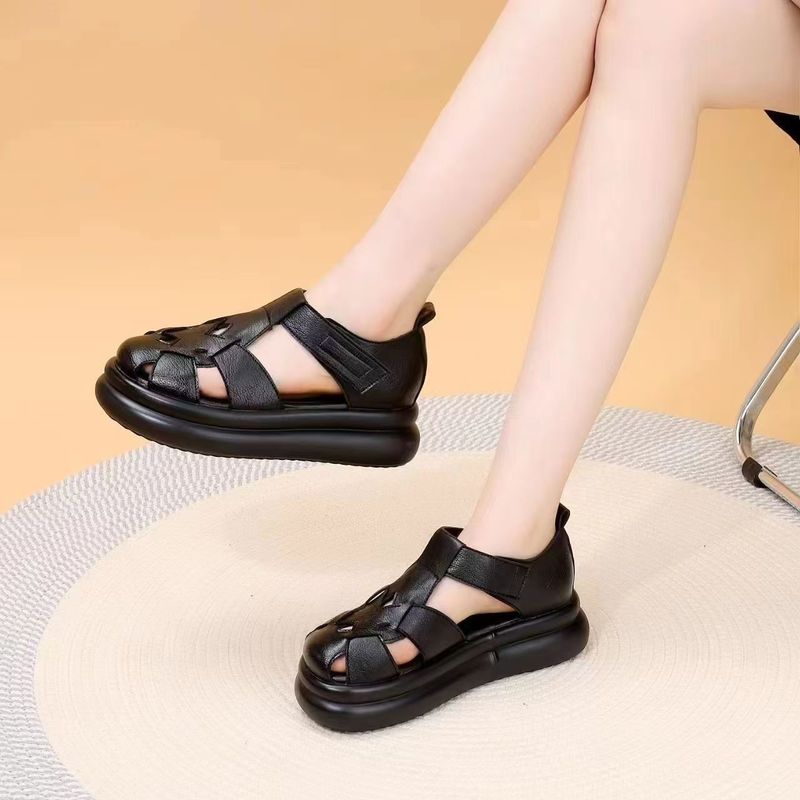 本物のソフトレザーつま先ローマサンダル女性のための 2025 夏の新しいプラットフォームソール厚い底軽量女性のサンダル豚の巣靴|undefined