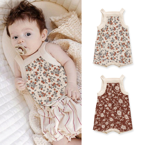 Summer new baby clothes jumpsuit ins style male and female baby floral sleeveless small suspenders rompers