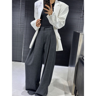 Autumn and Winter New Gray Wide-Leg Pants for Women, Loose Straight-Leg Elegant Commuter Suit Pants, Casual Wide-Leg Wide-Leg Pants, Floor-Length