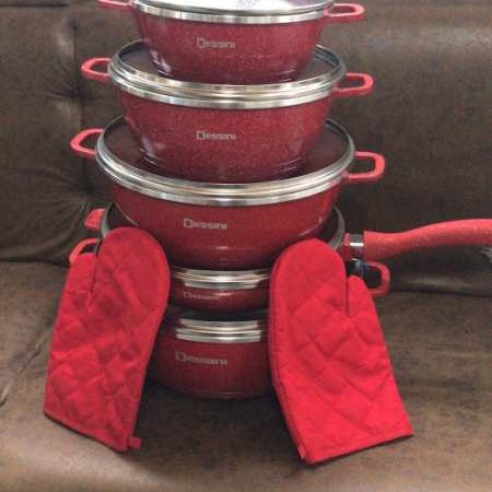 Juego de ollas y sartenes Dessini de 12 piezas antiadherentes, juego de 12 piezas de aluminio fundido a presión, olla para sopa, sartén honda de fondo plano, juego de piedra Maifan para uso doméstico.