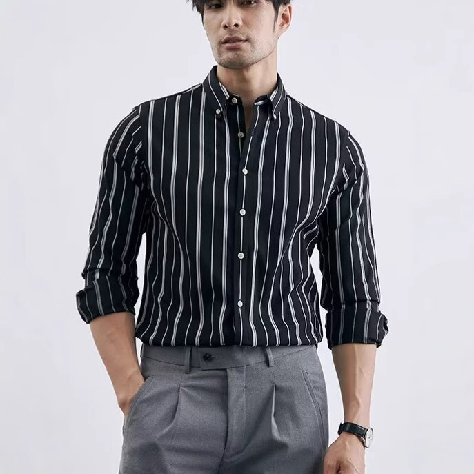 Spring New Men's Shirt Striped Business Print Long Sleeve Casual Shirt Men's Fashion Formal Lapel Shirt