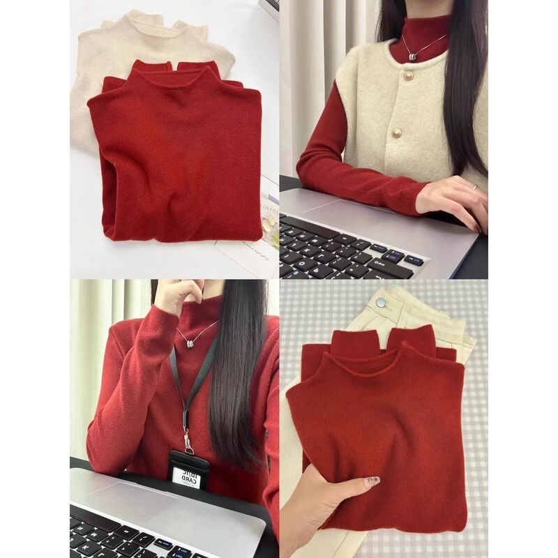 Christmas and New Year Red Sweater with Soft, Semi-High Collar Knit Top for Women, Autumn and Winter Style, Simple and Versatile Base Layer