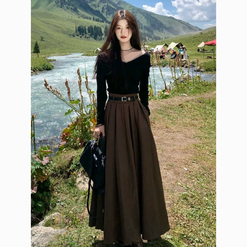 Винтажная юбка-костюм для женщин, осень-зима 2025, новая высокая талия, утягивающая, с карманами, плиссированная, с широким А-образным подолом.