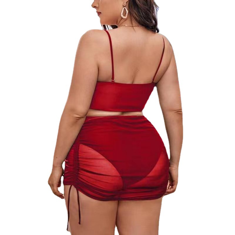 2023 New European and American Amazon Cross-border Large Size Mesh Three-piece Solid Color Drawstring Split Bikini Swimsuit