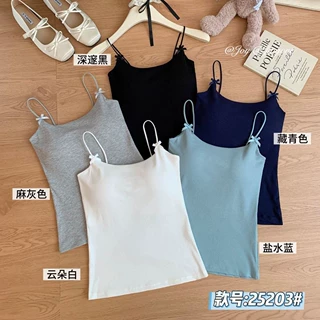 辣妹蝴蝶结弹力细肩带显胸白色吊带背心女带胸垫美背修身内搭上衣