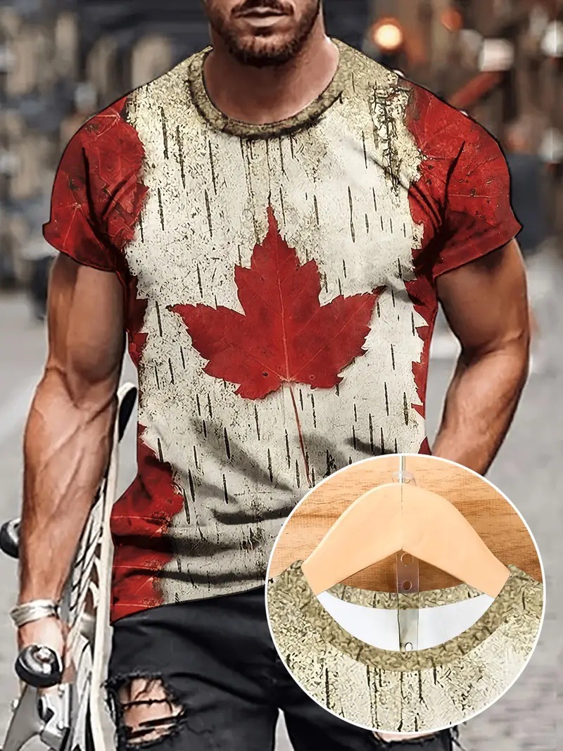 Camiseta de cuello redondo de manga corta transpirable de malla suelta de la calle principal con estampado 3D de hoja de arce de color de contraste abstracto retro de la calle principal para hombres