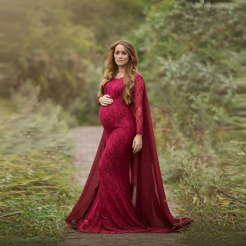 Pregnant Women's Dress with Big Belly Long Sleeve Portrait Photography After Mopping the Floating Chiffon Long Dress Lace Waist Fishtail