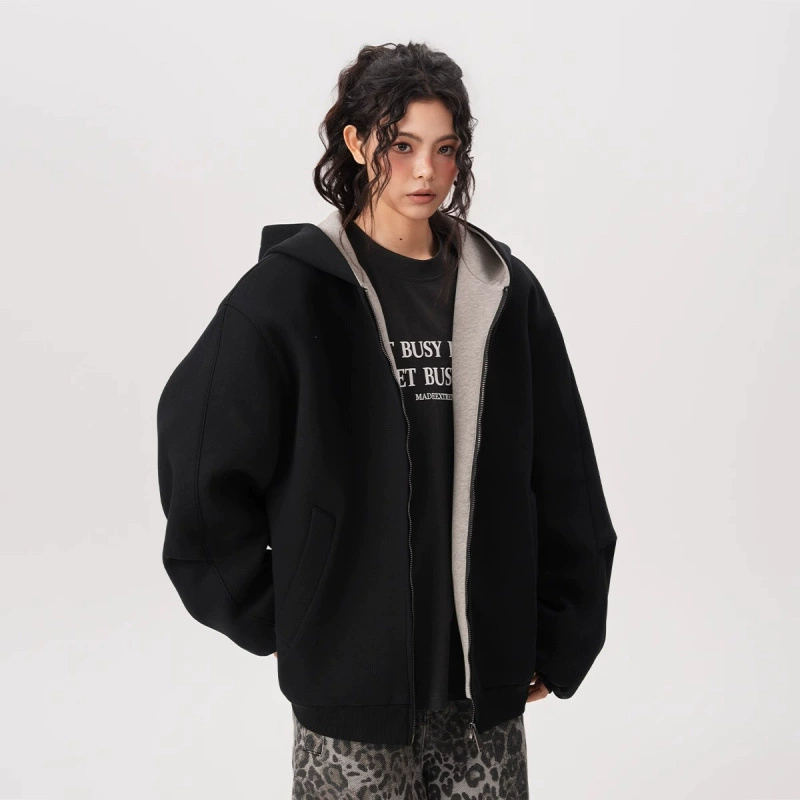 Кофта‑худи на молнии, оверсайз американский стиль, весенняя, M–2XL, серый/чёрный